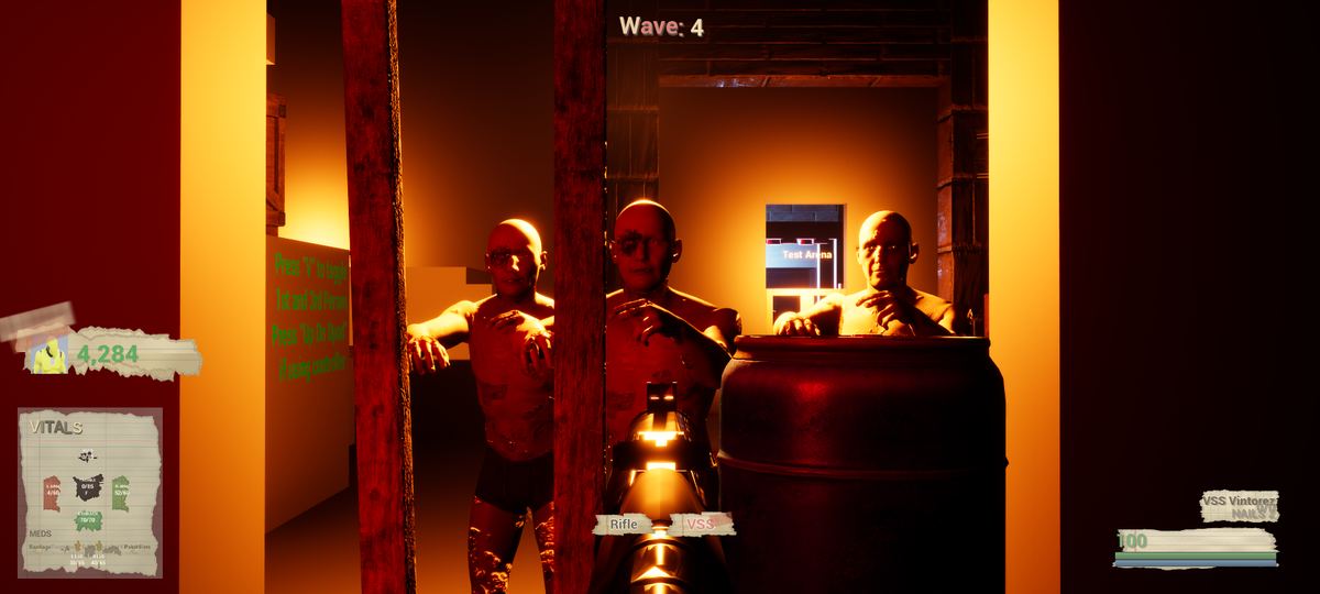 First-person view down the sights at a zombie silhouetted in a bright doorway