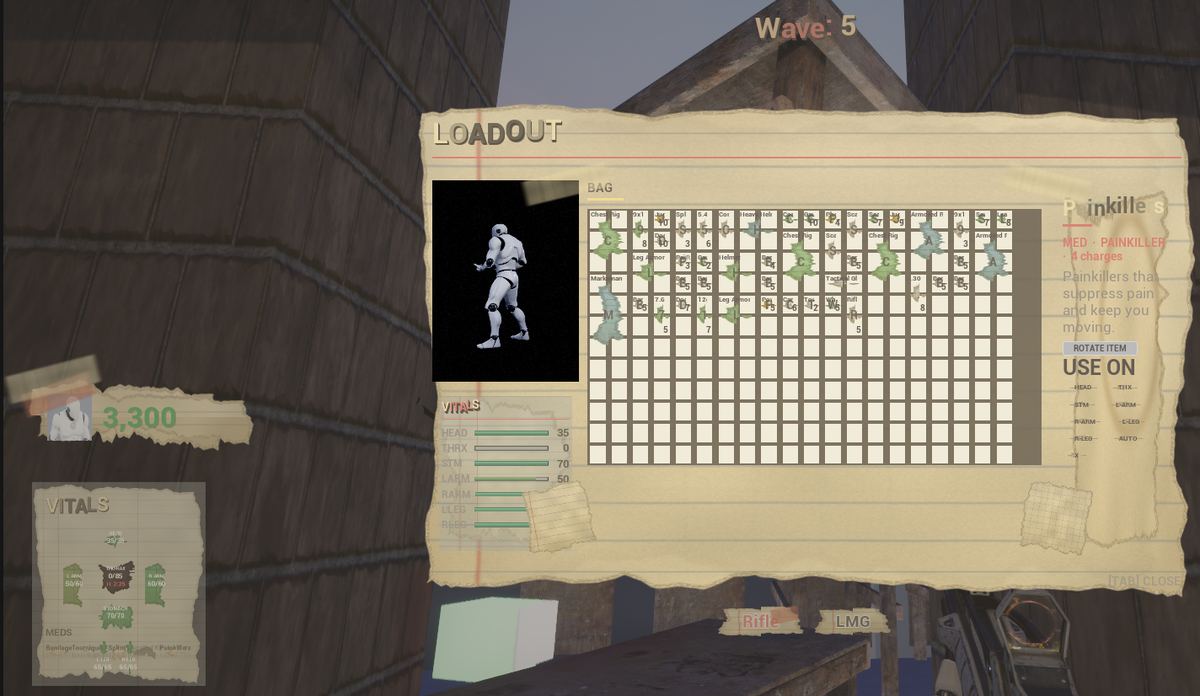 In-game paper loadout screen: grid inventory bag and per-limb vitals