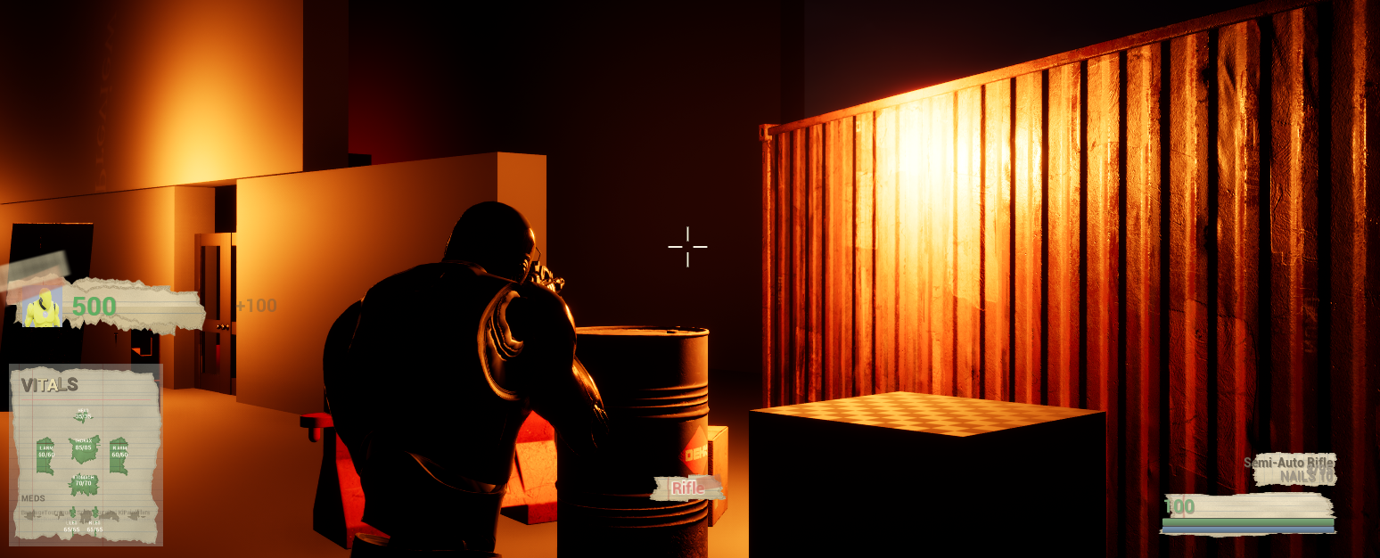 Third-person survivor aiming a rifle in the lab under orange emergency lighting beside a barrel and container wall