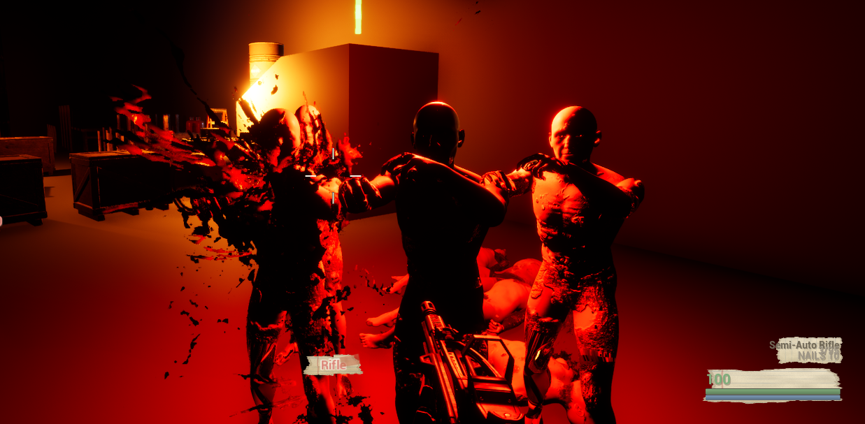 Red-lit combat: a survivor firing on a cluster of zombies as one bursts apart, rifle in frame