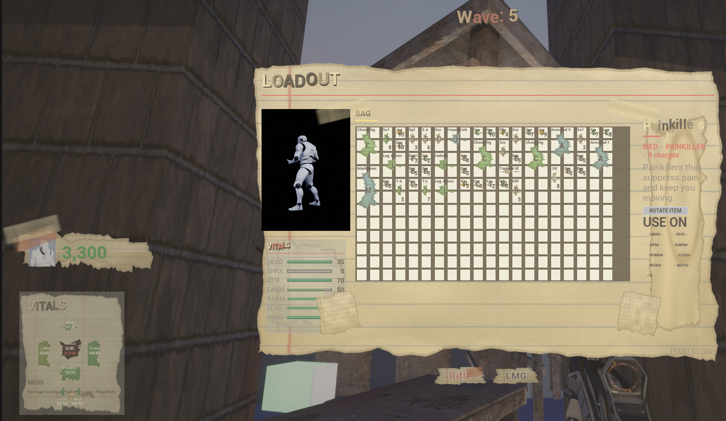 In-game paper loadout screen: grid inventory bag, rotating character doll, per-limb vitals